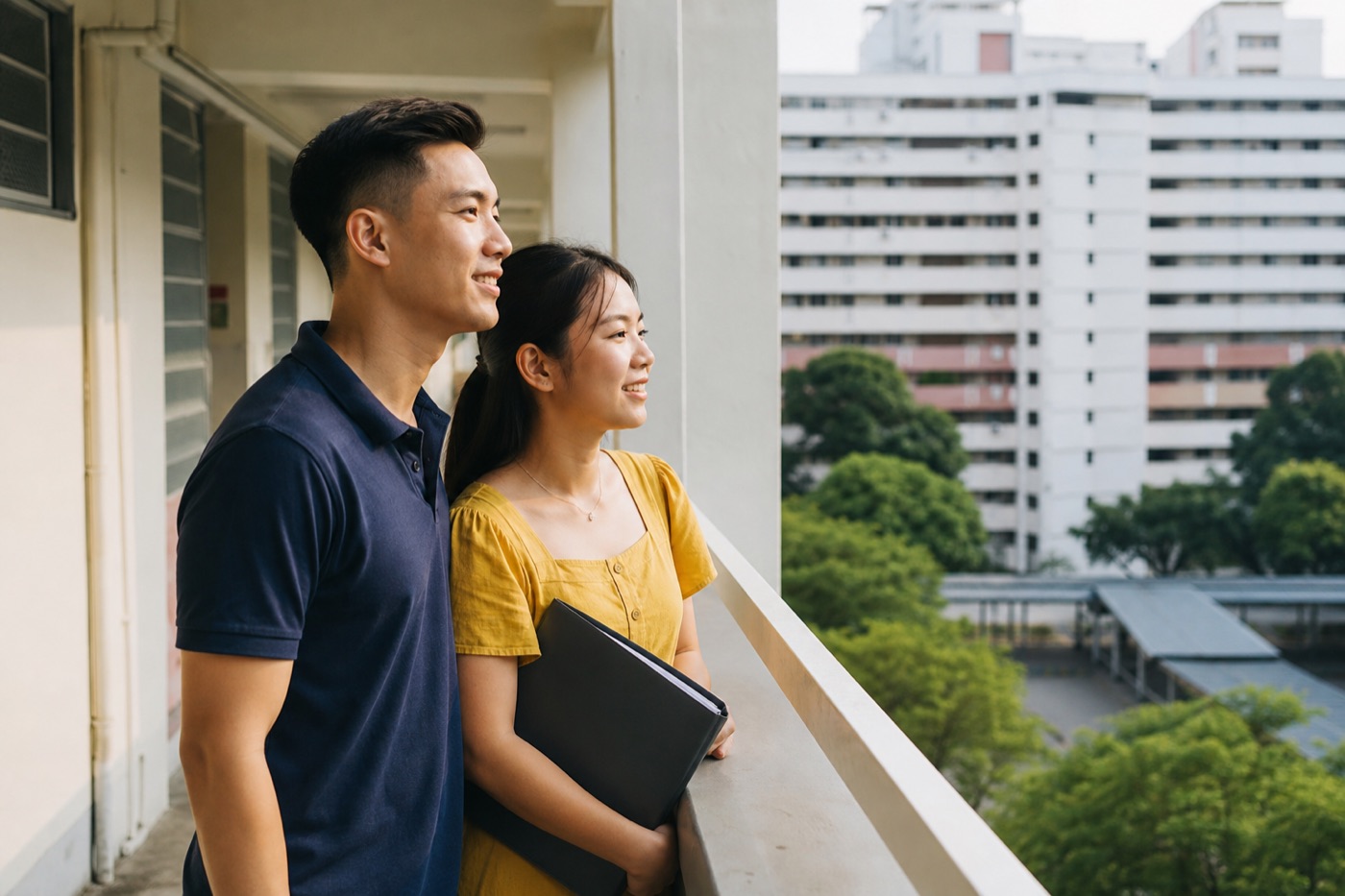 A PR couple in the corridor of a Singapore HDB block